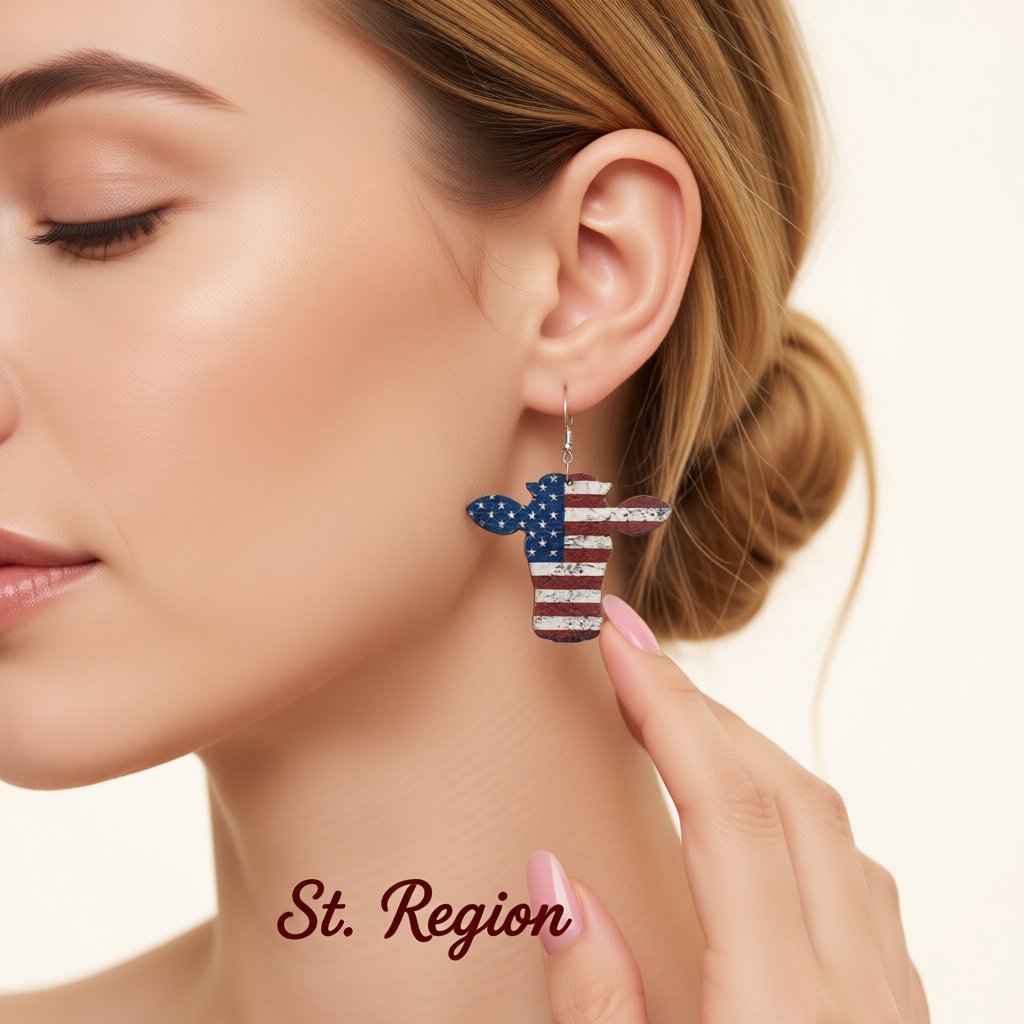 Red and Blue Stars and Stripes Cow Drop Earrings, drop earrings for women, botanical inspired, styled look
