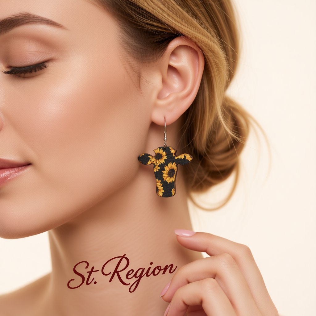 Black and Yellow Sunflower Cow Wood Drop Earrings, drop earrings for women, vintage-inspired design, styled look