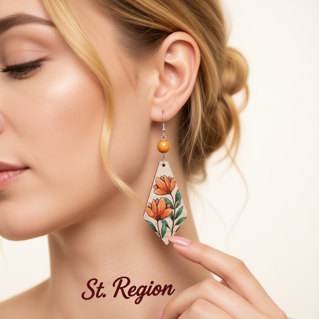 Red Multicolor Wood and Silver-Plated Floral Rhombus Drop Earrings, silver drop earrings for women, styled look