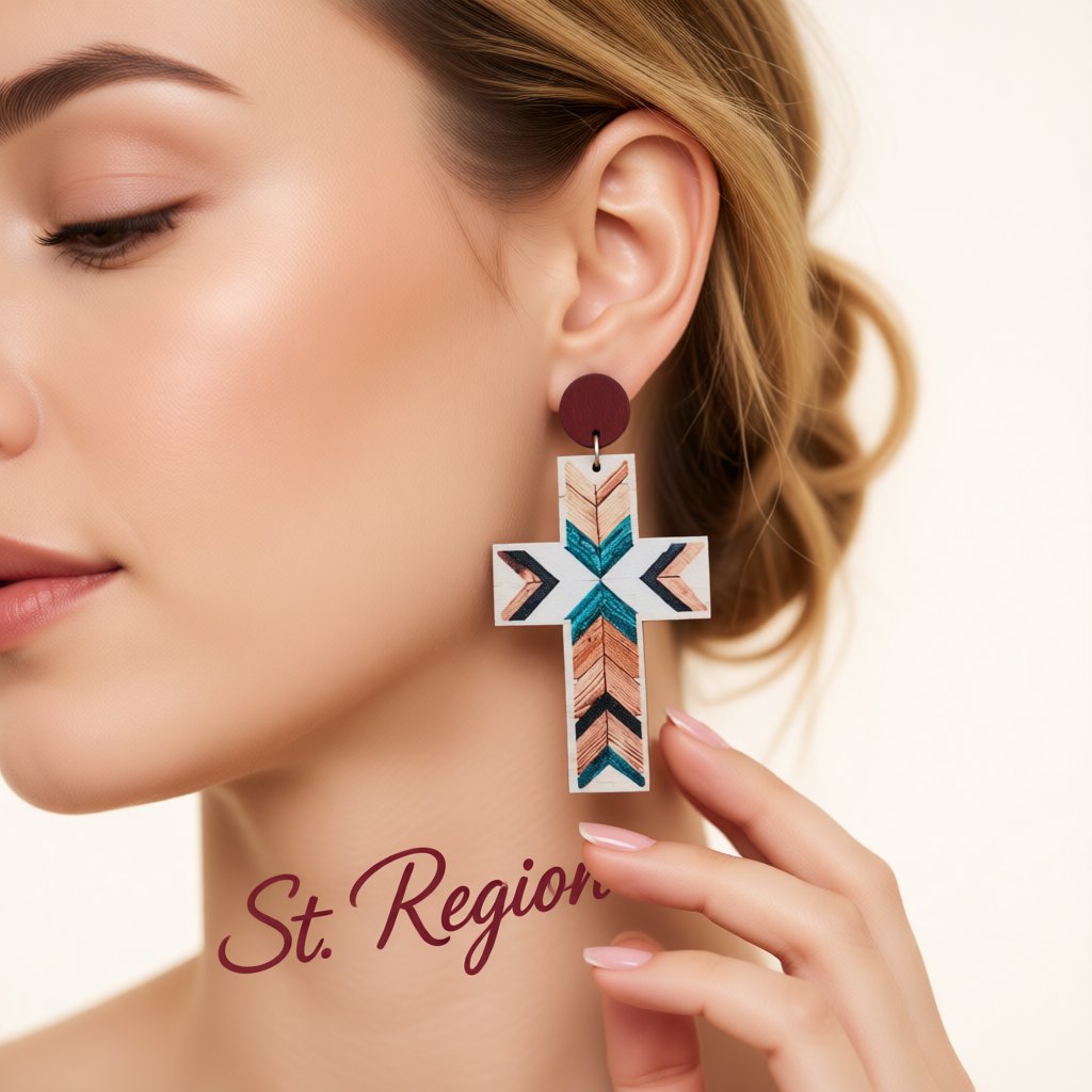 White and Blue Cross Wood Drop Earrings, drop earrings for women, botanical inspired, styled look