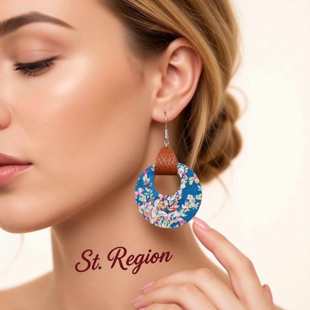 Blue and Pink Floral Wood Round Drop Earrings, drop earrings for women, elegant gift for her, styled look