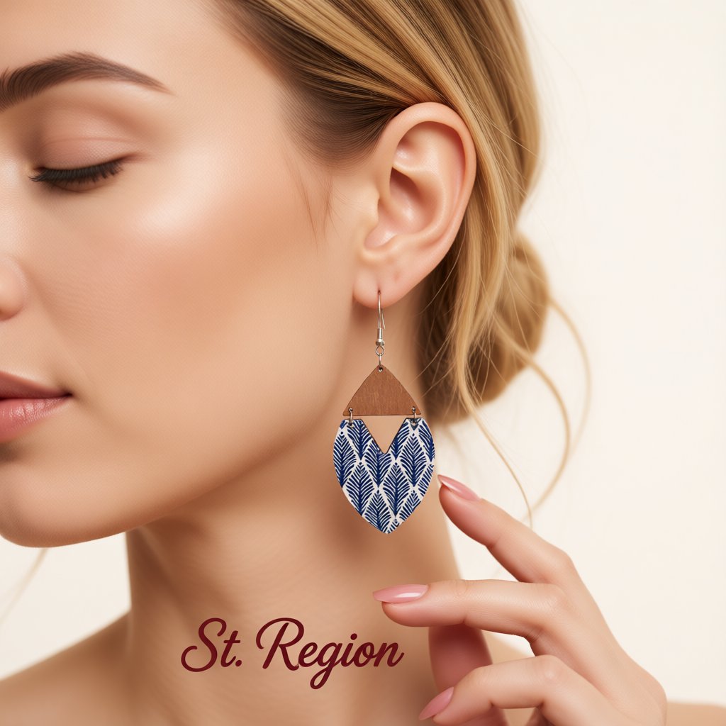 Blue and Brown Wood Leaf Drop Earrings, drop earrings for women, vintage-inspired design, styled look
