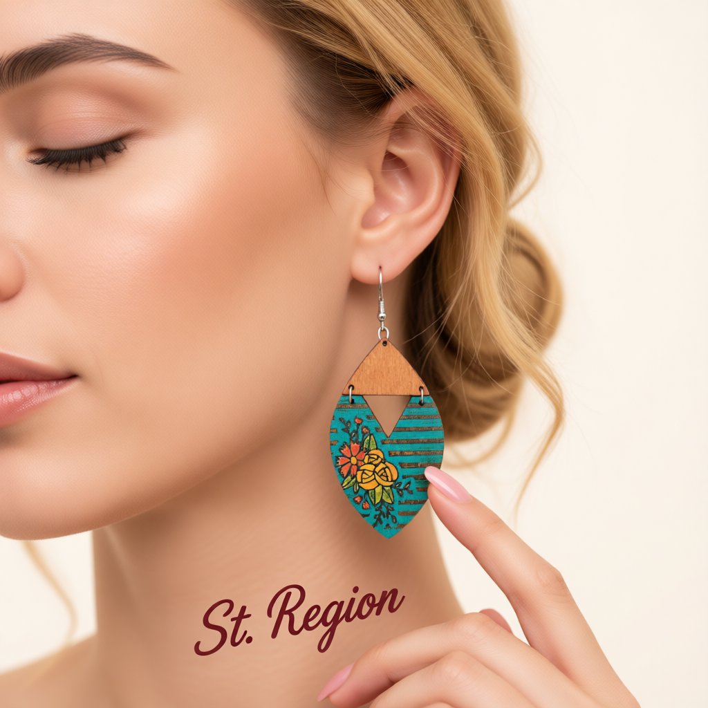 Blue Wood and Silver-Plated Stripped Floral Drop Earrings, silver drop earrings for women, styled look