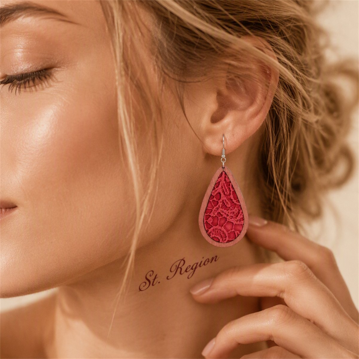 Fuchsia and Red Lace-Textured Teardrop Earrings, drop earrings for women, everyday style, styled look