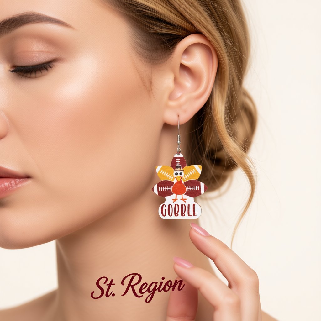 Red 'Gobble' Football Turkey Drop Earrings, drop earrings for women, everyday style, styled look
