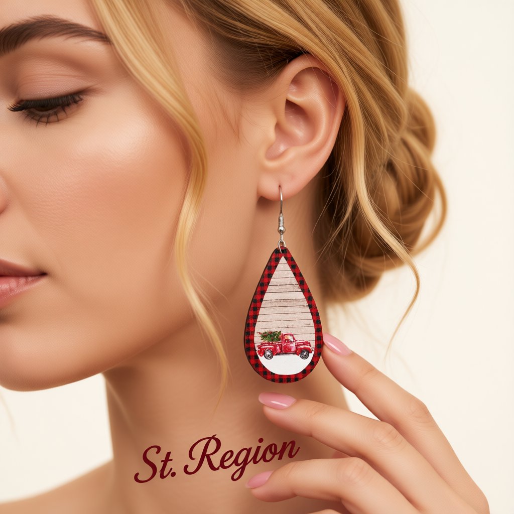 Red Plaid Vintage Christmas Truck Teardrop Earrings, drop earrings for women, dainty minimalist design, styled look