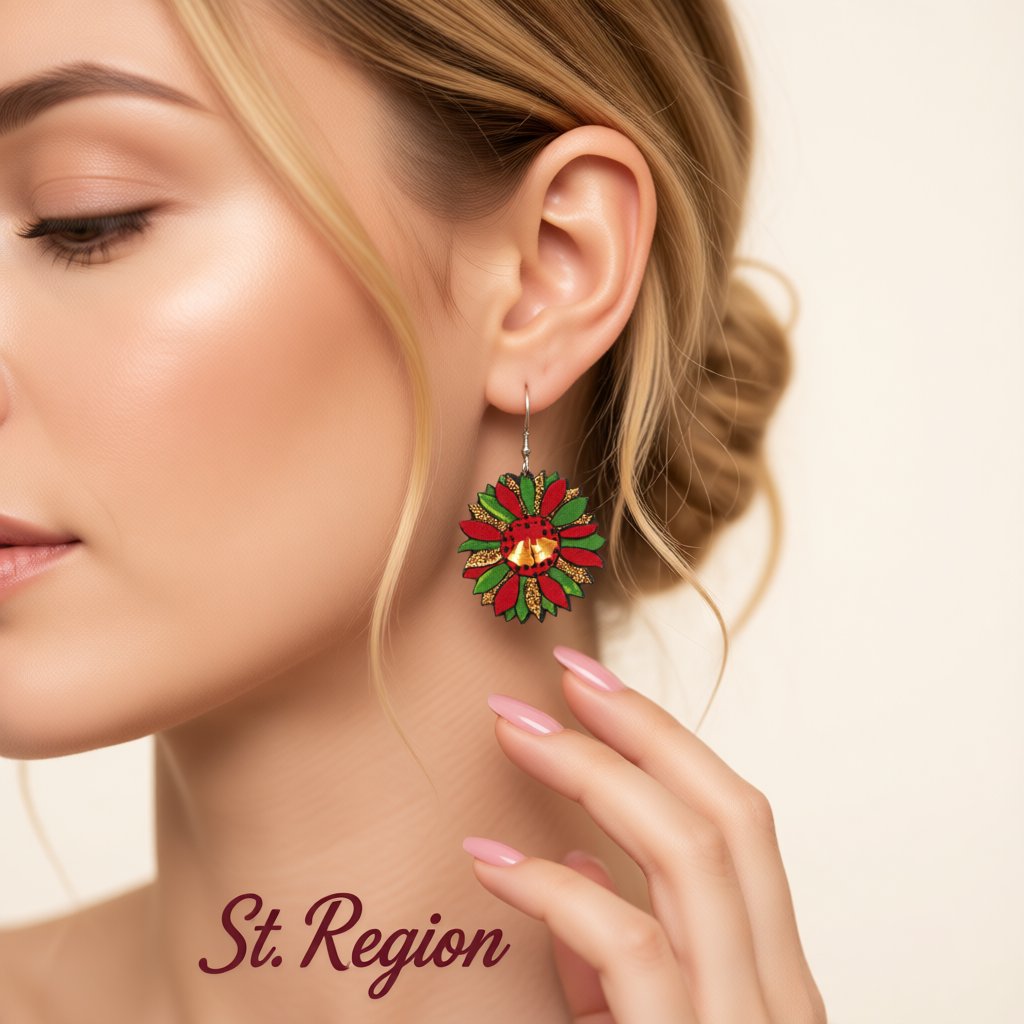 Green and Red Wood Silver-Plated Bell Flower Drop Earrings, silver drop earrings for women, everyday style, styled look