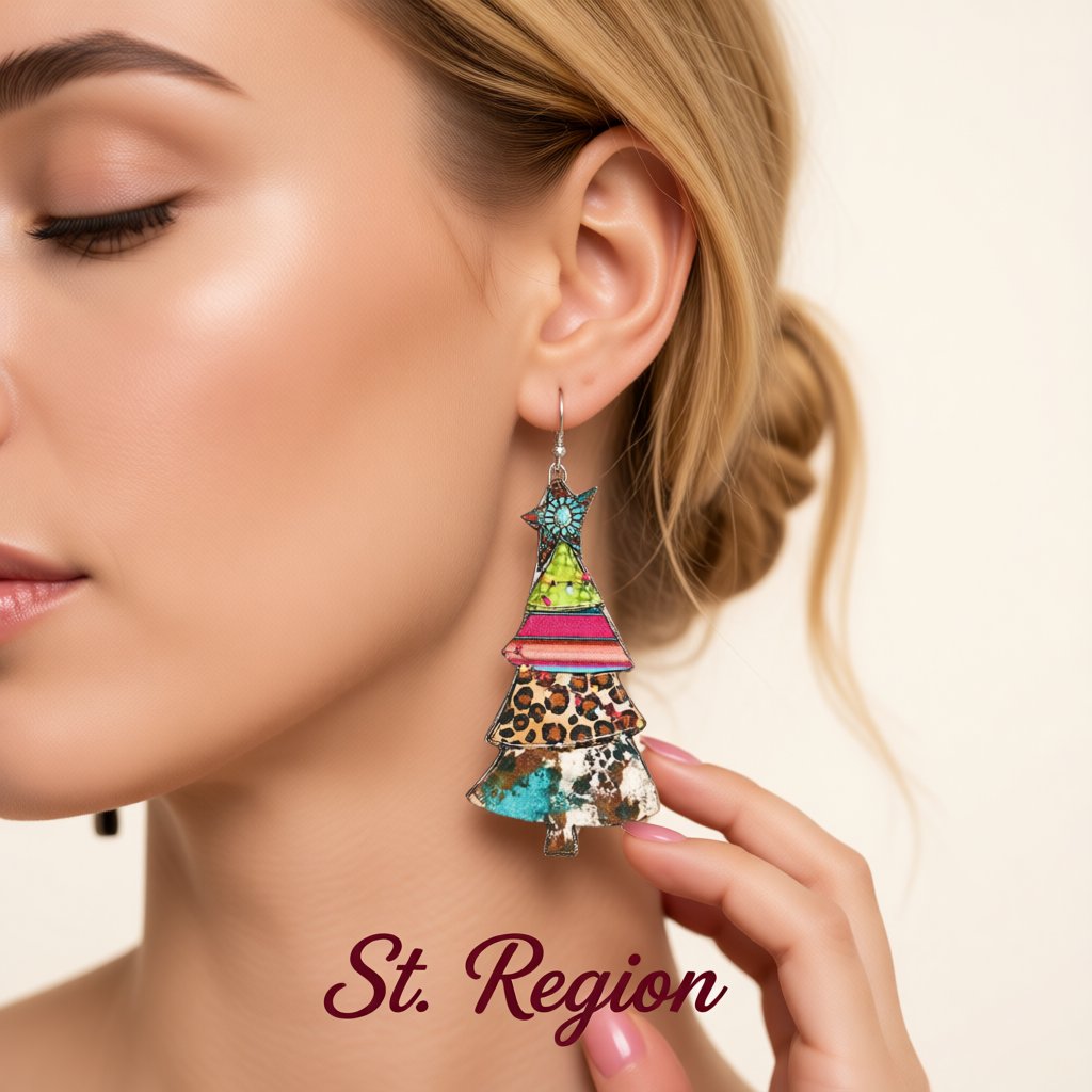 Blue and Green Leopard Christmas Tree Drop Earrings, drop earrings for women, dainty minimalist design, styled look