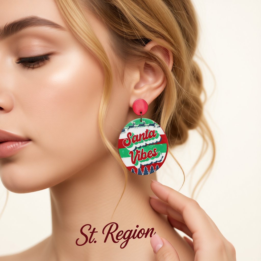 Green and Red 'Santa Vibes' Christmas Round Drop Earrings, drop earrings for women, vintage-inspired design, styled look