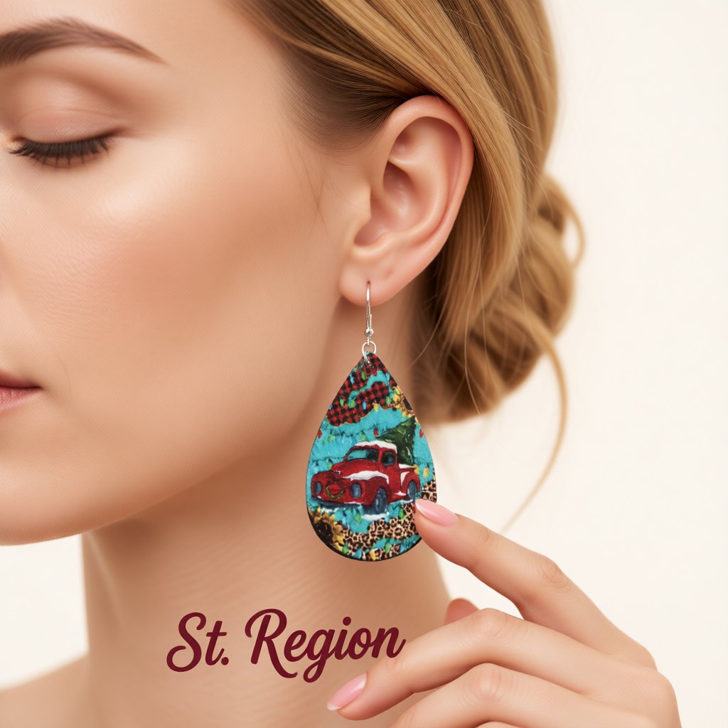 Blue and Red Truck and Christmas Tree Teardrop Earrings, drop earrings for women, everyday style, styled look