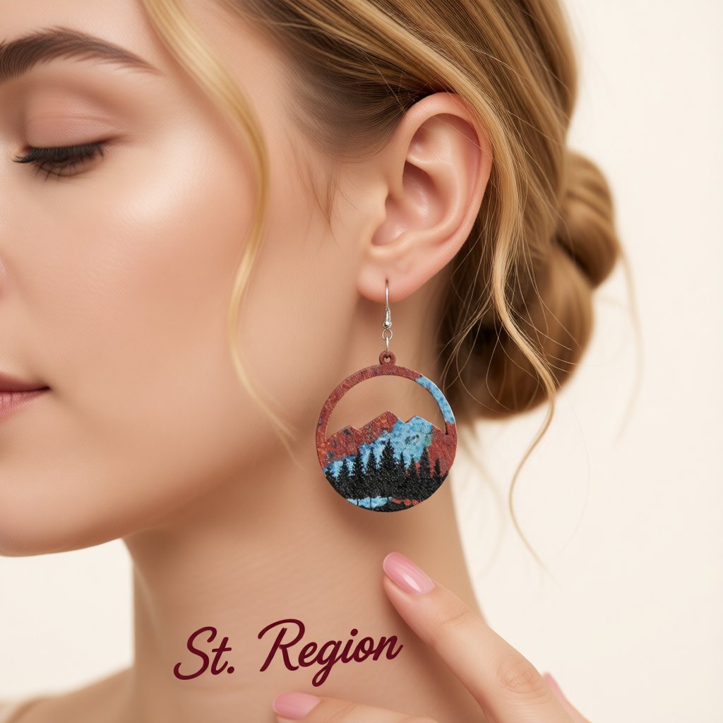 Teal Wood and Silver-Plated Spring Mountain Round Earrings, silver drop earrings for women, botanical inspired, styled look