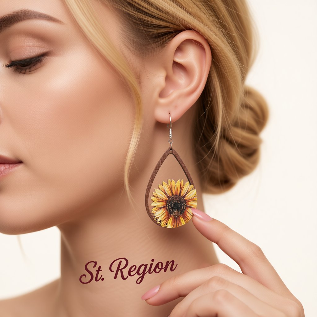 Yellow Wood Sunflower Drop Earrings, drop earrings for women, elegant gift for her, styled look