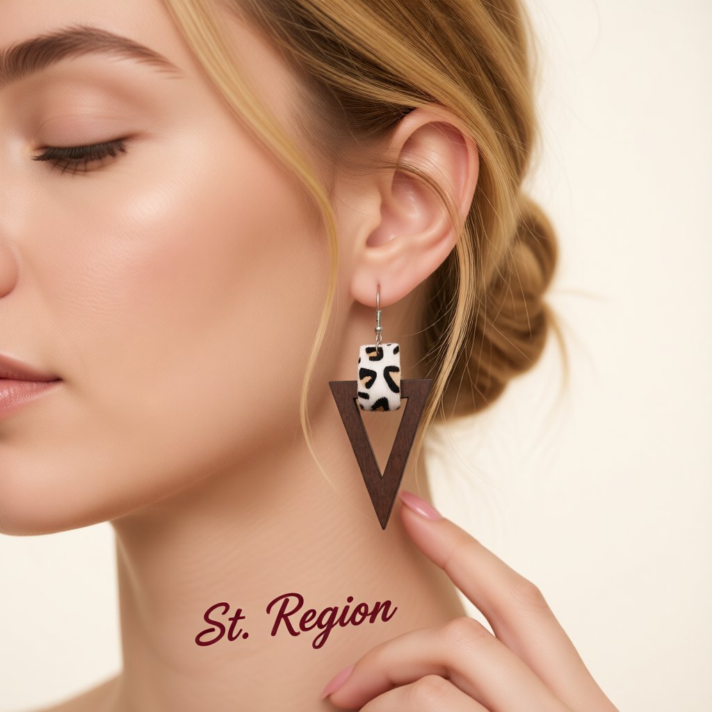 White and Wood Leopard-Print Triangle Drop Earrings, drop earrings for women, vintage-inspired design, styled look