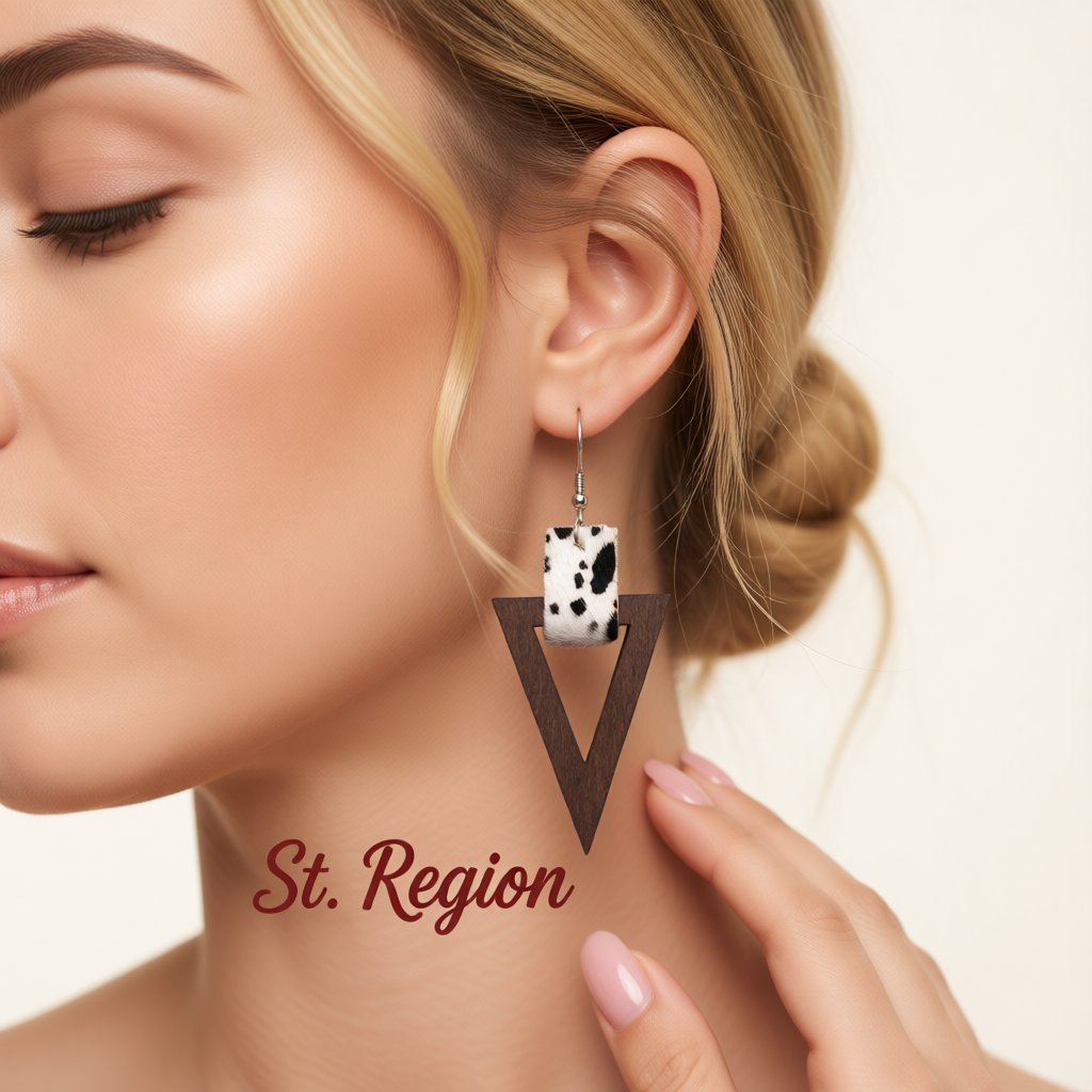 White and Wood Cow-Print Triangle Drop Earrings, drop earrings for women, botanical inspired, styled look