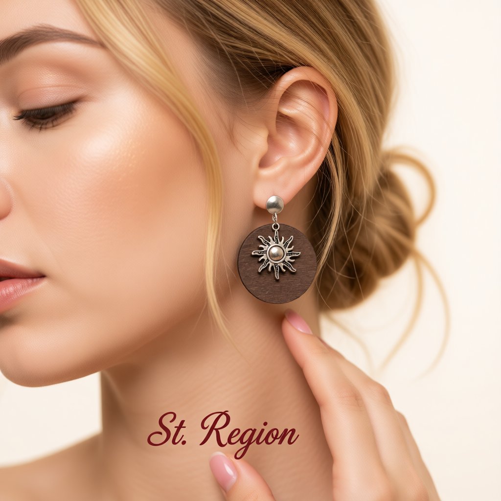 Wood and Silver-Plated Sun Drop Earrings, silver drop earrings for women, botanical inspired, styled look