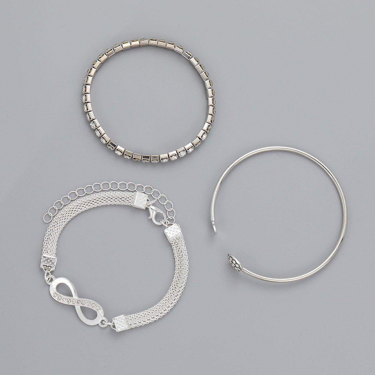 Cubic Zirconia and Silver-Plated Infinity Symbol Three-Piece Bracelet Set, silver bracelet for women, styled look