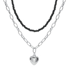 Black Howlite & Silver-Plated Heart Pendant Necklace Set