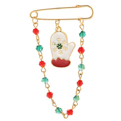 A festive red and green mitten pin with a gold chain, perfect for adding holiday cheer to your outfit this Christmas.