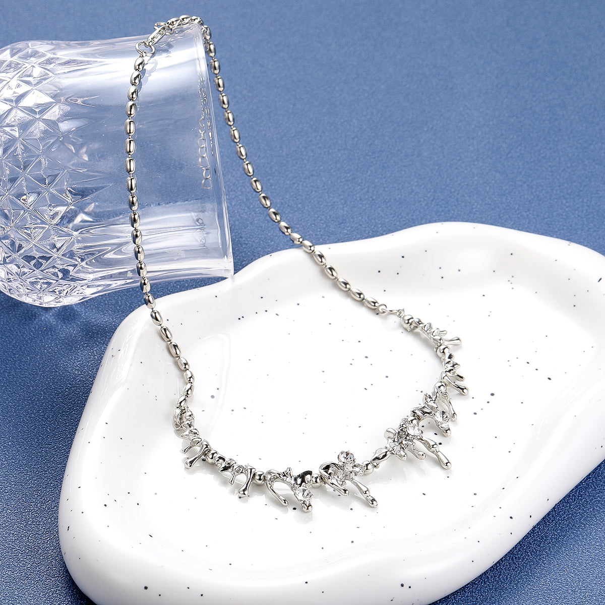 Cubic Zirconia and Silver-Plated Lava Statement Necklace, silver pendant necklace for women, botanical inspired, styled look