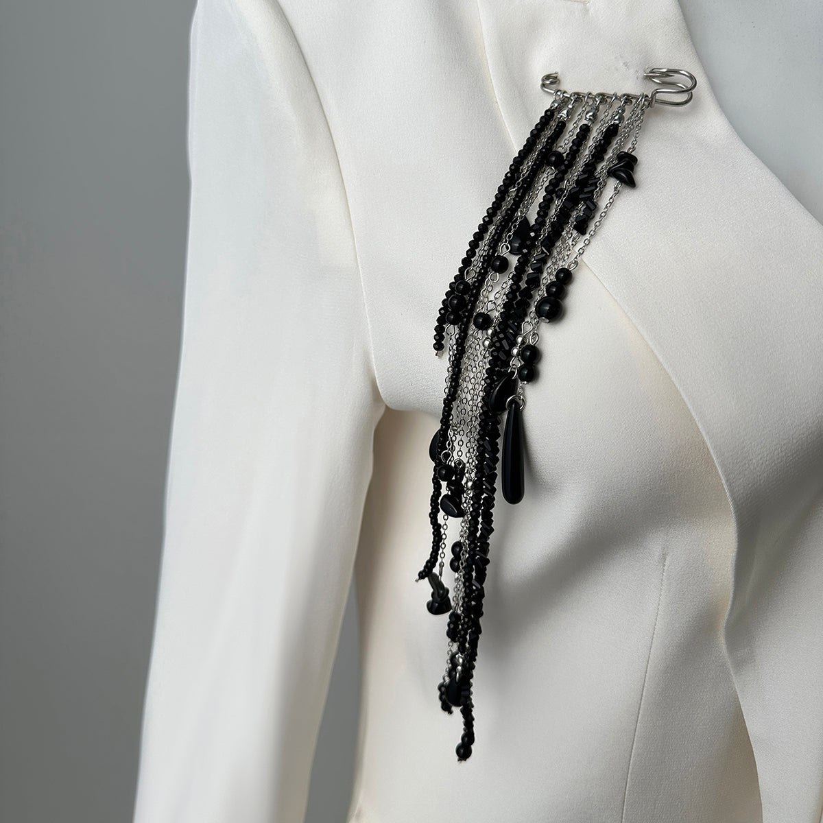 Black Crystal and Acrylic Silvertone Tassel Pin Brooch, dainty minimalist design, lifestyle look