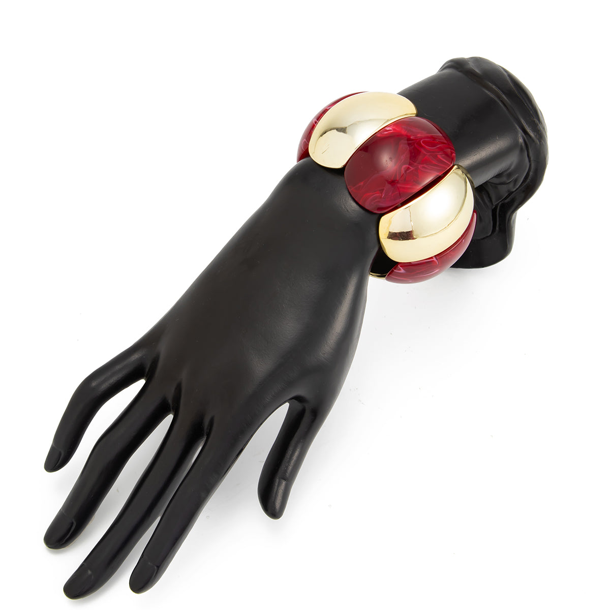 Dark Red Resin and Goldtone Petals Stretch Bracelet, dainty minimalist design, lifestyle look