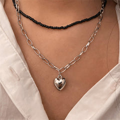 Black Howlite & Silver-Plated Heart Pendant Necklace Set