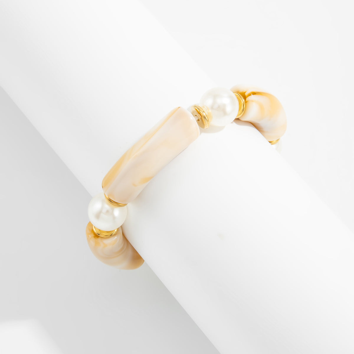 Beige Resin and Pearl Goldtone Sequin Joint Stretch Bracelet, everyday style, lifestyle look