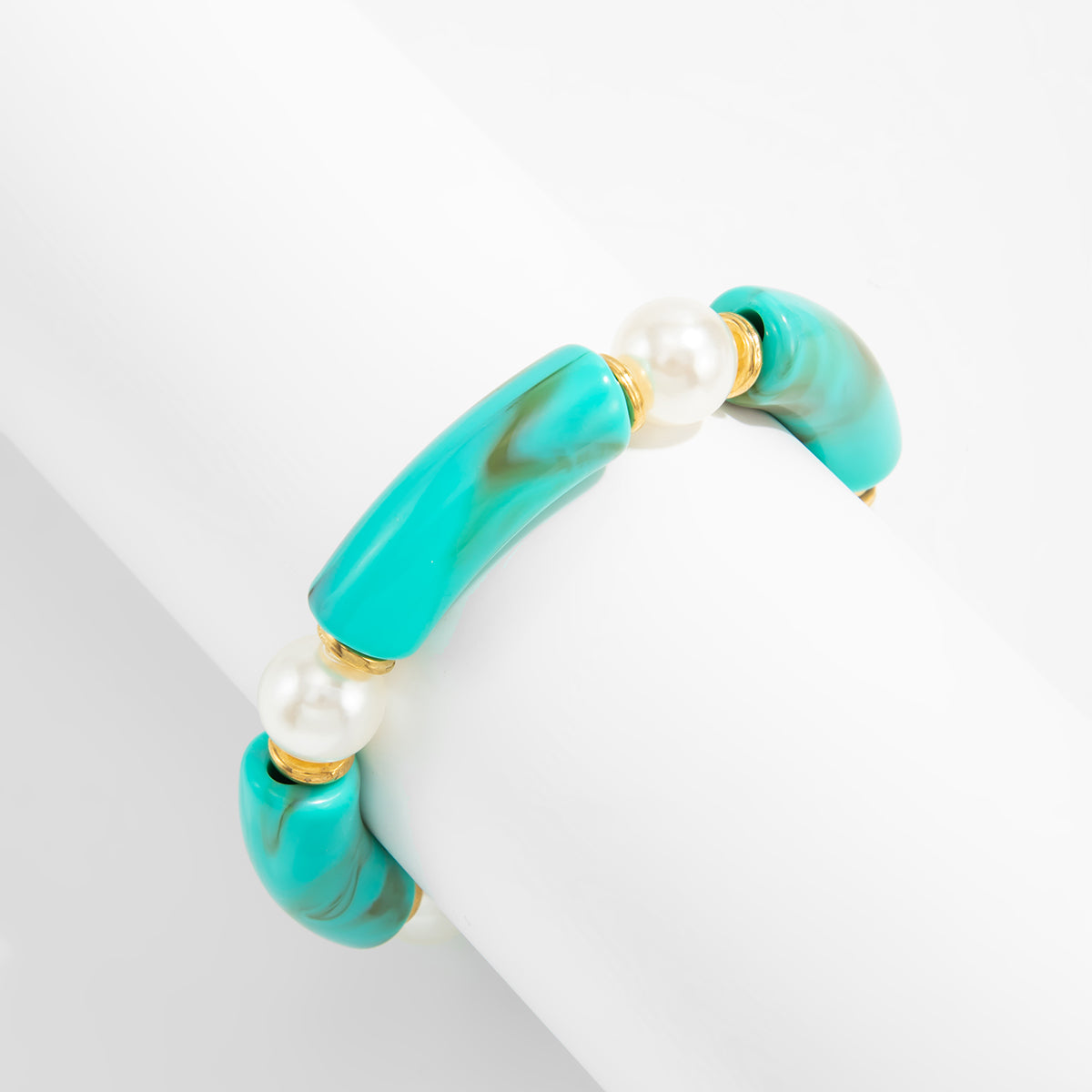 Teal Resin and Pearl Goldtone Sequin Joint Stretch Bracelet, everyday style, lifestyle look
