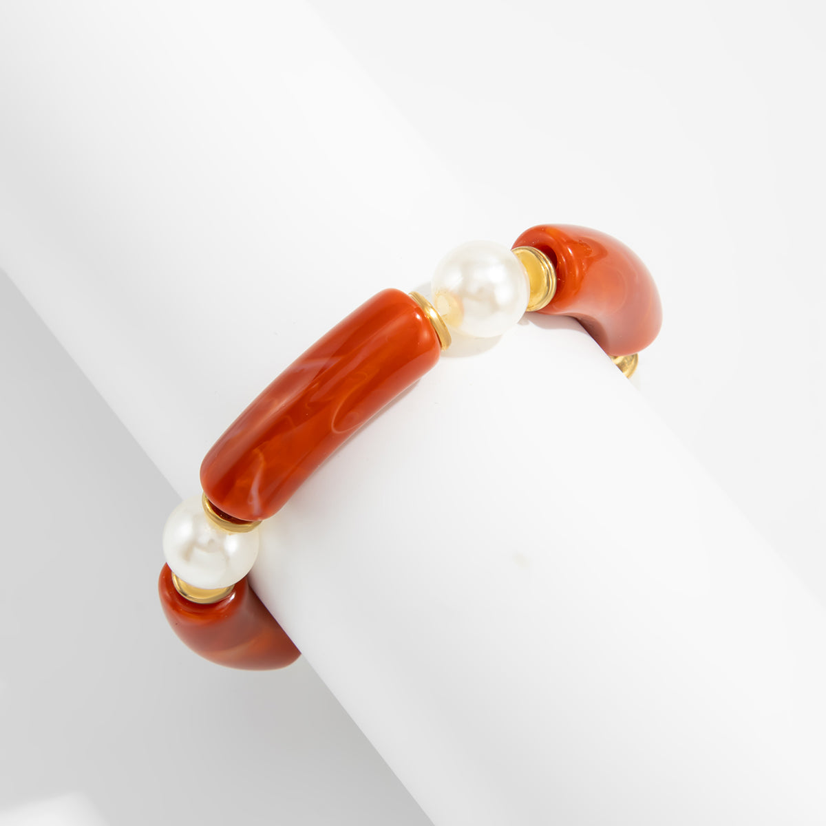 Red Resin and Pearl Goldtone Sequin Joint Stretch Bracelet, everyday style, lifestyle look