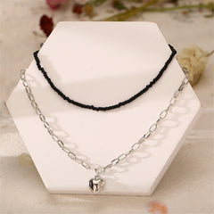 Black Howlite & Silver-Plated Heart Pendant Necklace Set