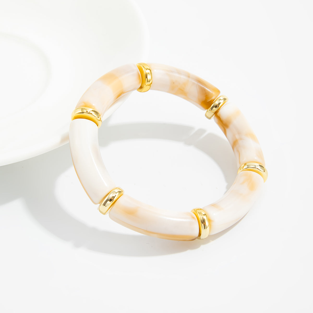 Beige Resin and Goldtone Sequin Joint Stretch Bracelet, vintage-inspired design, lifestyle look