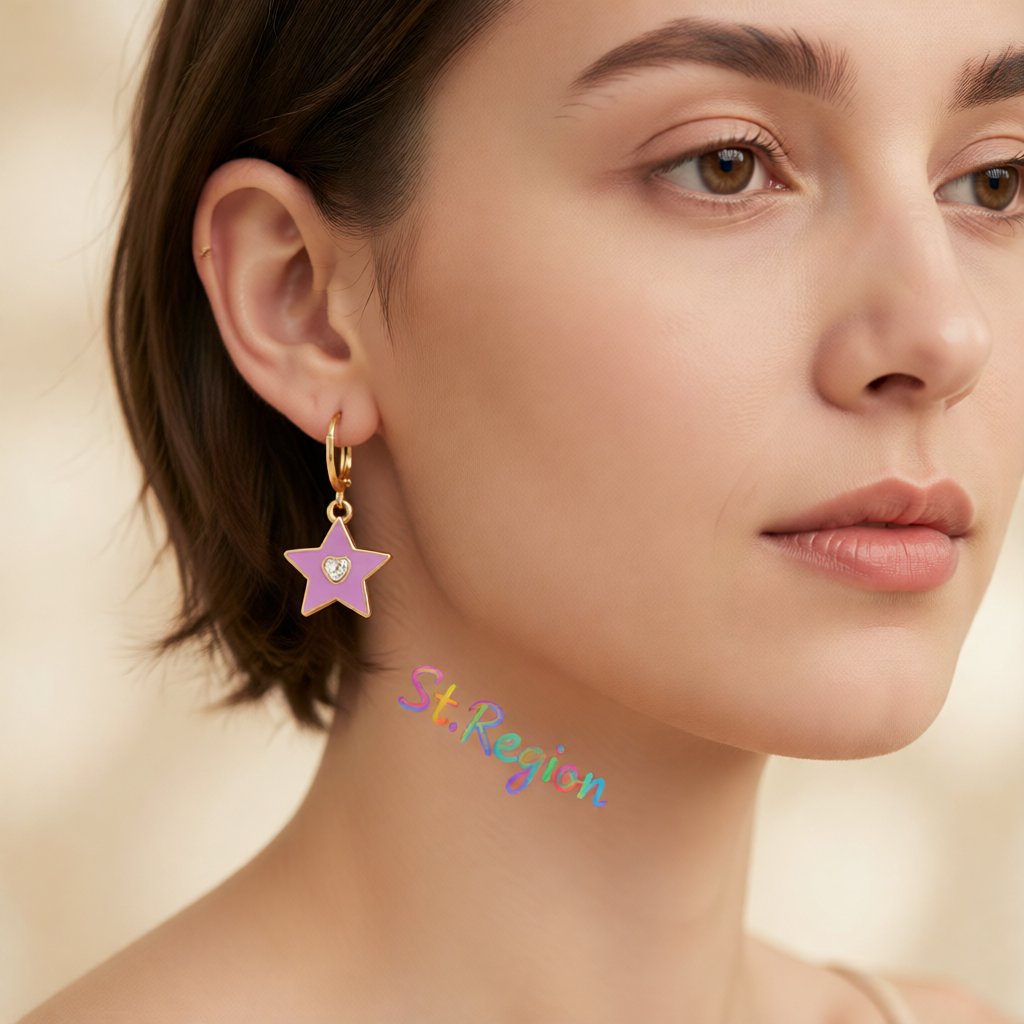 Heart-Shape Crystal and Enamel 18K Gold-Plated Star Huggie Earring, gold huggie earrings, everyday style, styled look