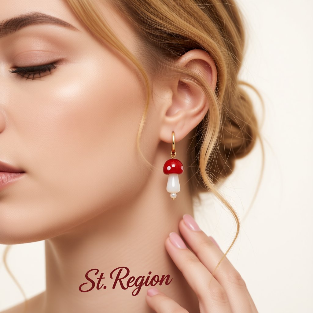 Red Resin and Pearl Mushroom Drop Earrings, huggie earrings, dainty minimalist design, styled look