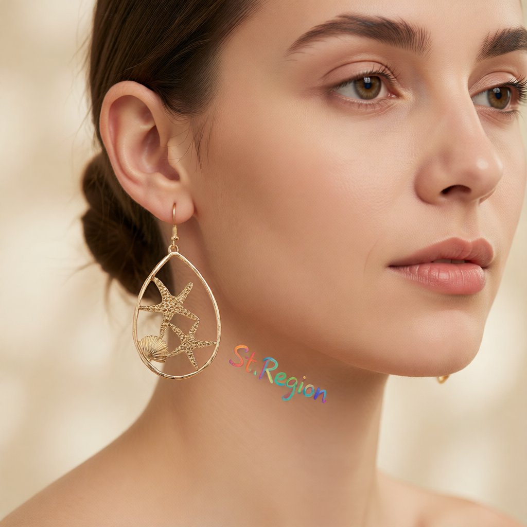 18K Gold-Plated Shell Starfish Drop Earrings, gold drop earrings for women, everyday style, styled look