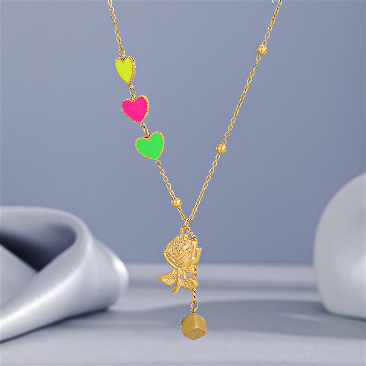 Pink Enamel and 18K Gold-Plated Heart Rose Pendant Necklace, gold pendant necklace for women, styled look