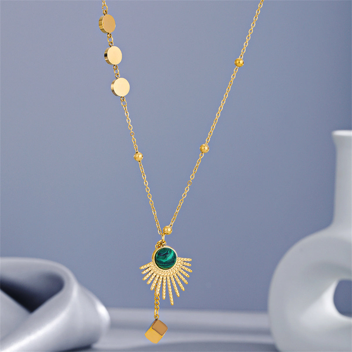 Malachite and 18K Gold-Plated Sun Pendant Necklace, gold pendant necklace for women, elegant gift for her, styled look