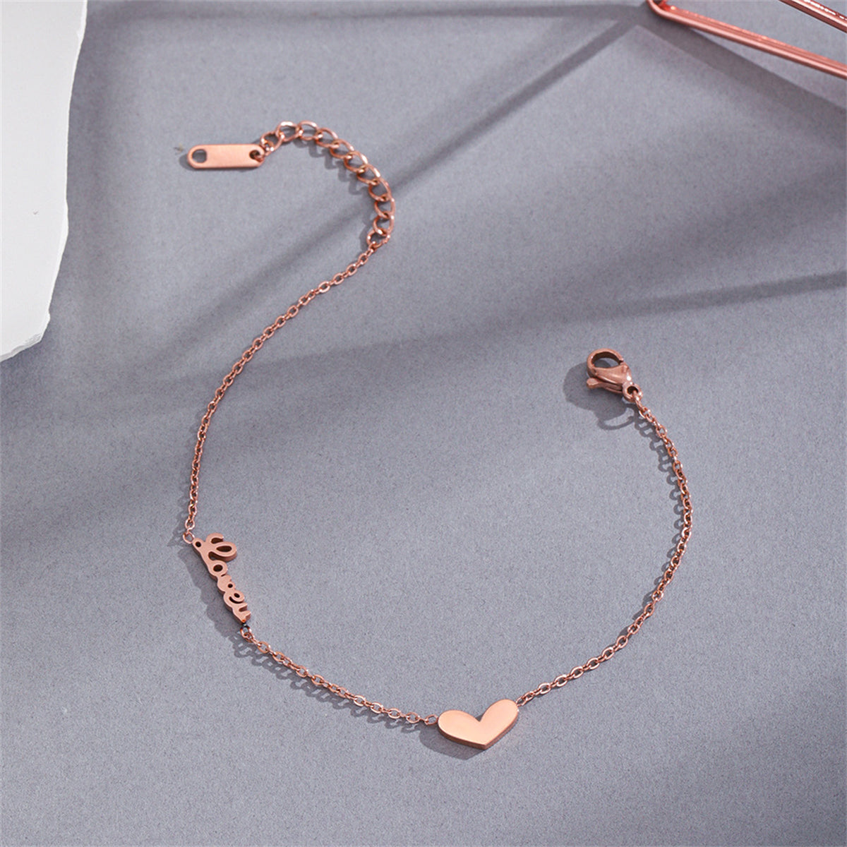 18K Rose Gold-Plated Heart 'Love' Bracelet, rose gold bracelet for women, everyday style, front view