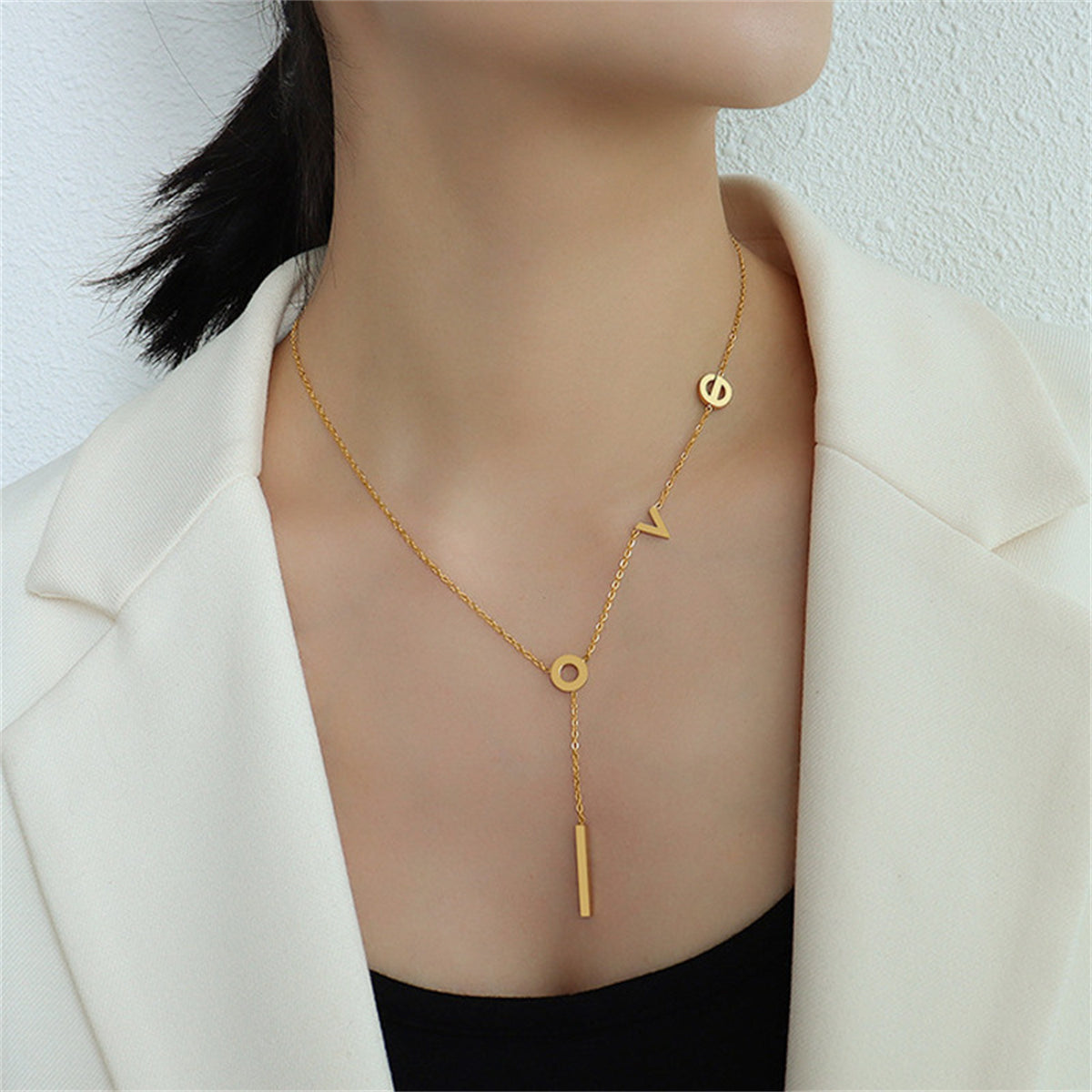 18K Gold-Plated 'Love' Lariat Necklace, gold pendant necklace for women, vintage-inspired design, styled look