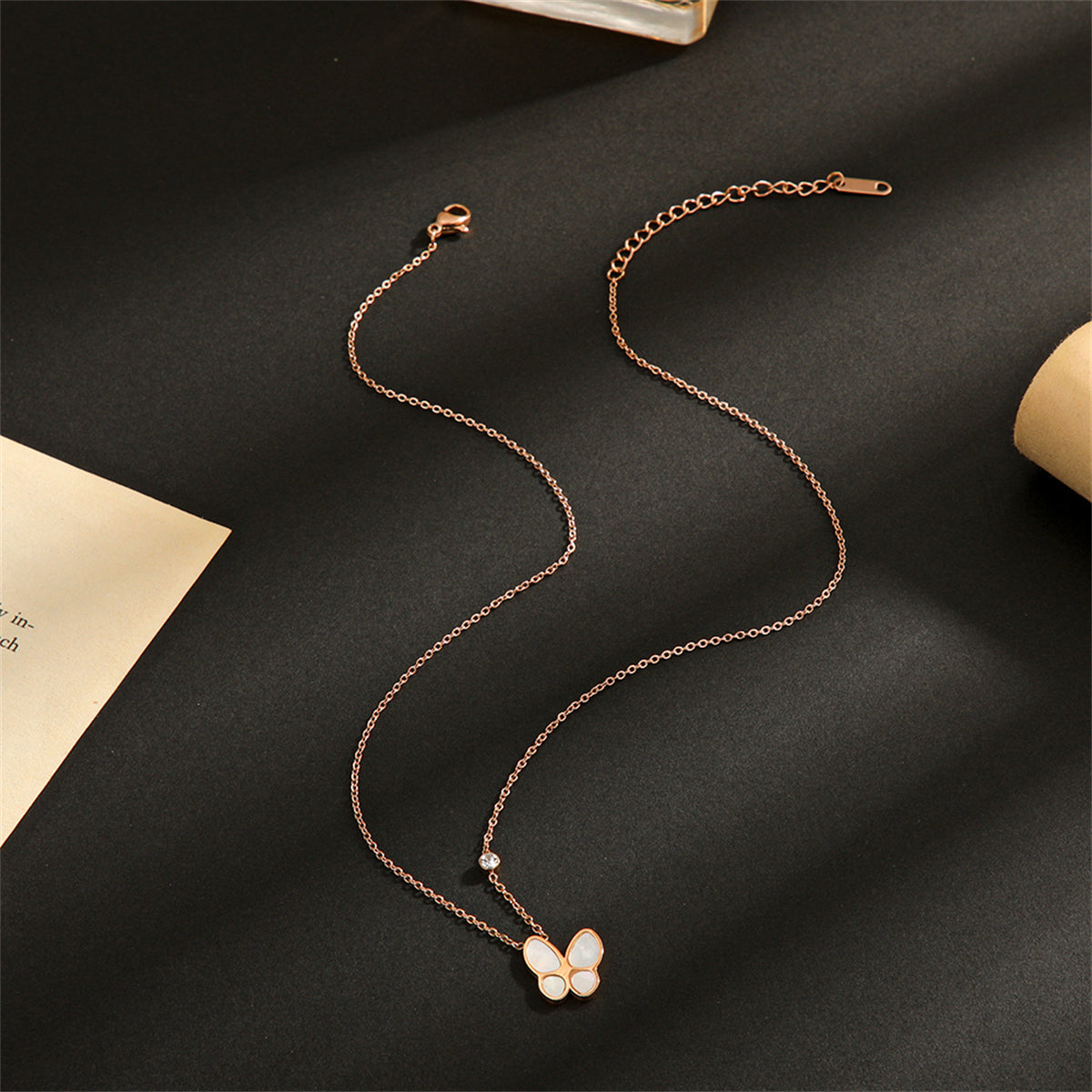 Cubic Zirconia and 18K Rose Gold-Plated Butterfly Pendant Necklace, rose gold pendant necklace for women, side view
