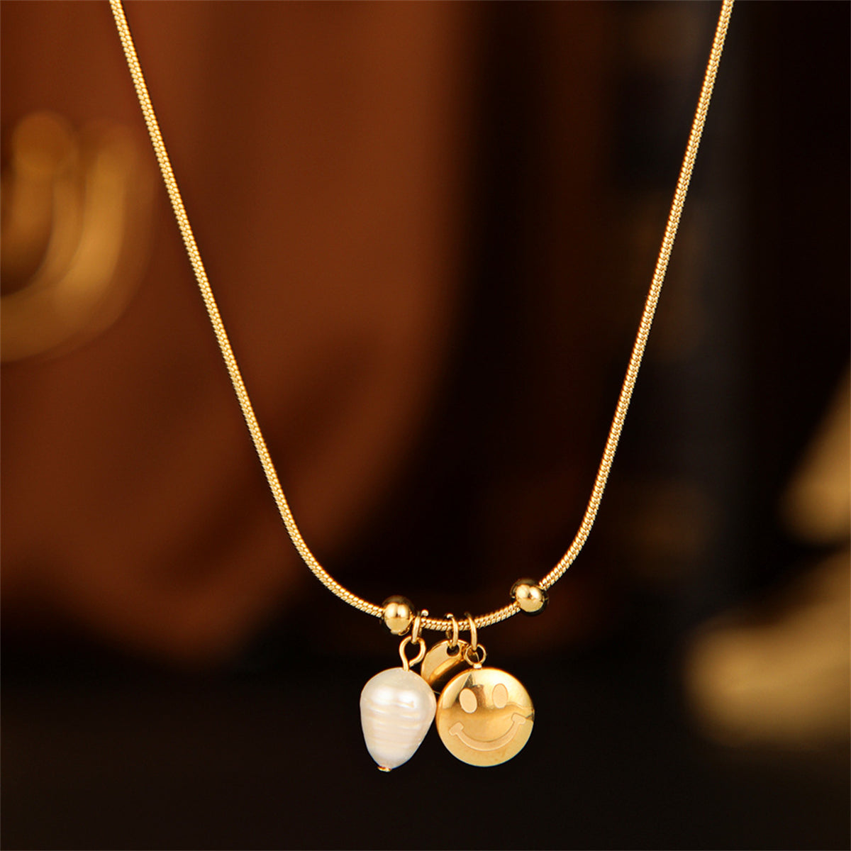 Pearl and 18K Gold-Plated Smiley Pendant Necklace, gold pendant necklace for women, vintage-inspired design, styled look