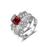 Red Crystal & Pearl Silver-Plated Crown Ring Set