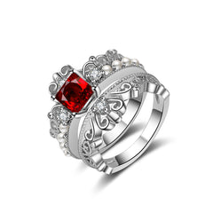 Red Crystal & Pearl Silver-Plated Crown Ring Set
