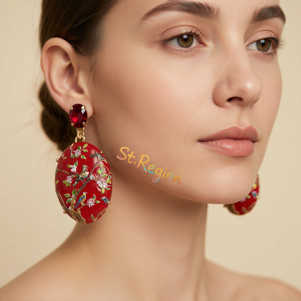 Red Crystal & 18K Gold-Plated Bird Branch Oval Drop Earrings