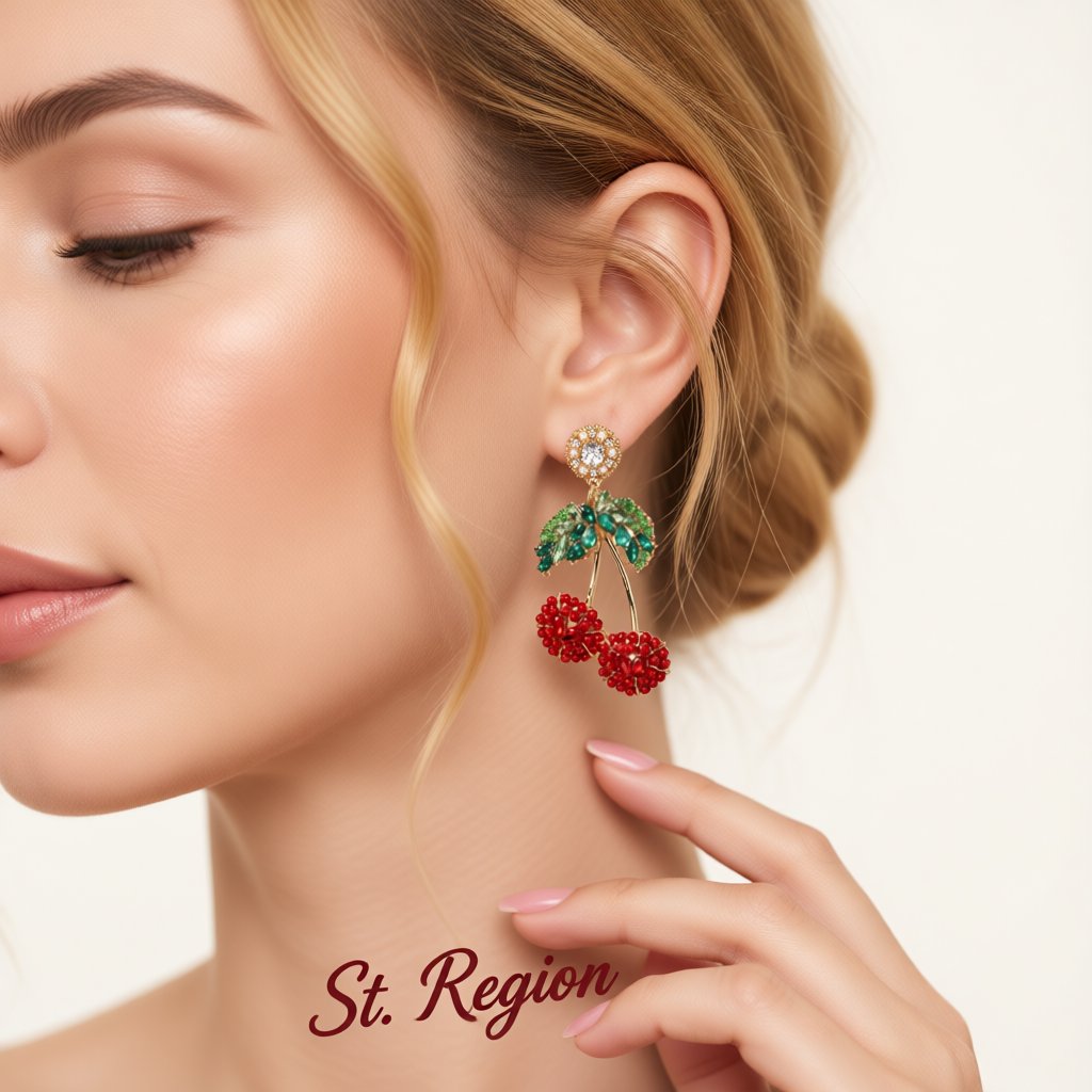Red Crystal and Resin 18K Gold-Plated Cherry Drop Earrings, gold drop earrings for women, botanical inspired, styled look