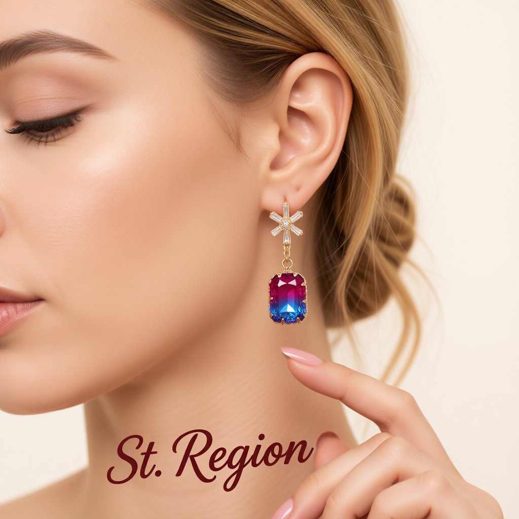 Cubic Zirconia and Blue Crystal Ombré Princess-Cut Drop Earrings, drop earrings for women, botanical inspired, styled look