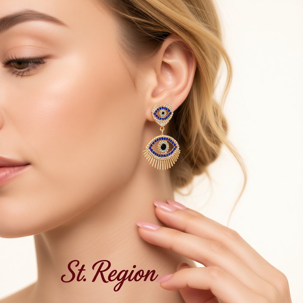 Blue Cubic Zirconia and 18K Gold-Plated Evil Eye Drop Earrings, gold drop earrings for women, styled look