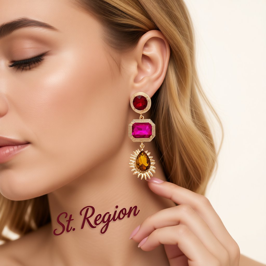 Pink Crystal and 18K Gold-Plated Geometric Drop Earrings, gold drop earrings for women, dainty minimalist design, styled look