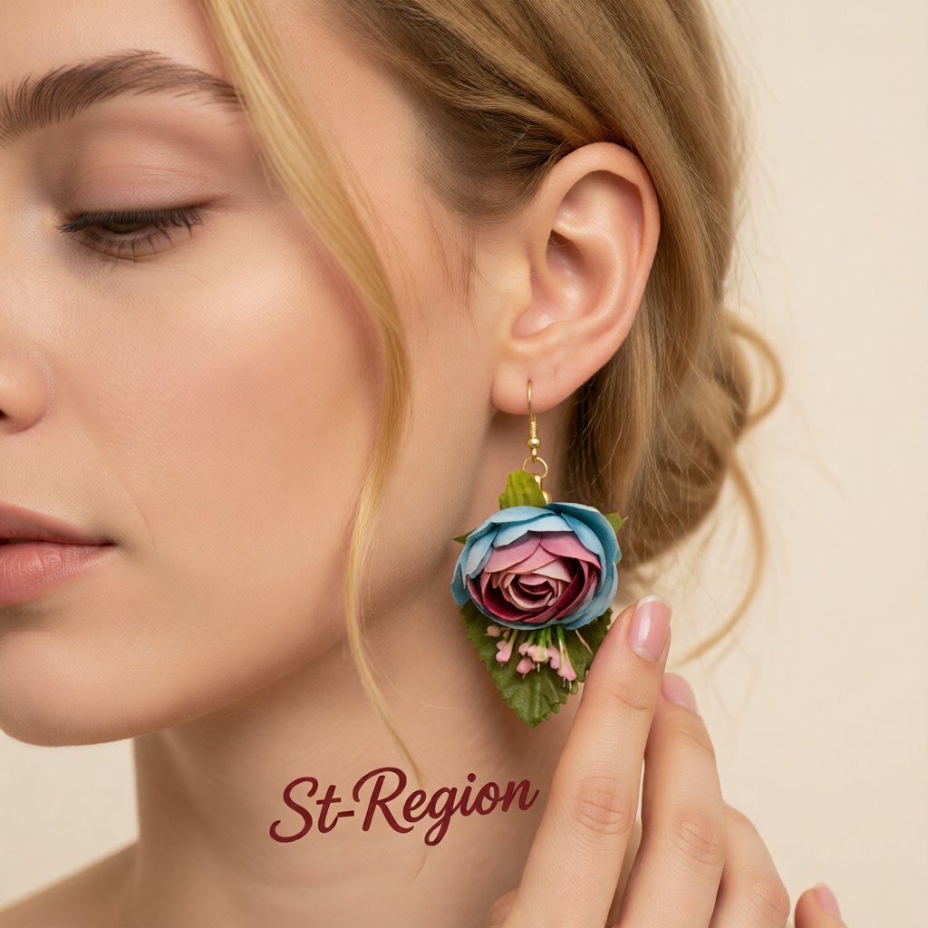 Blue Plastic and 18K Gold-Plated Flower Drop Earrings, gold drop earrings for women, dainty minimalist design, styled look