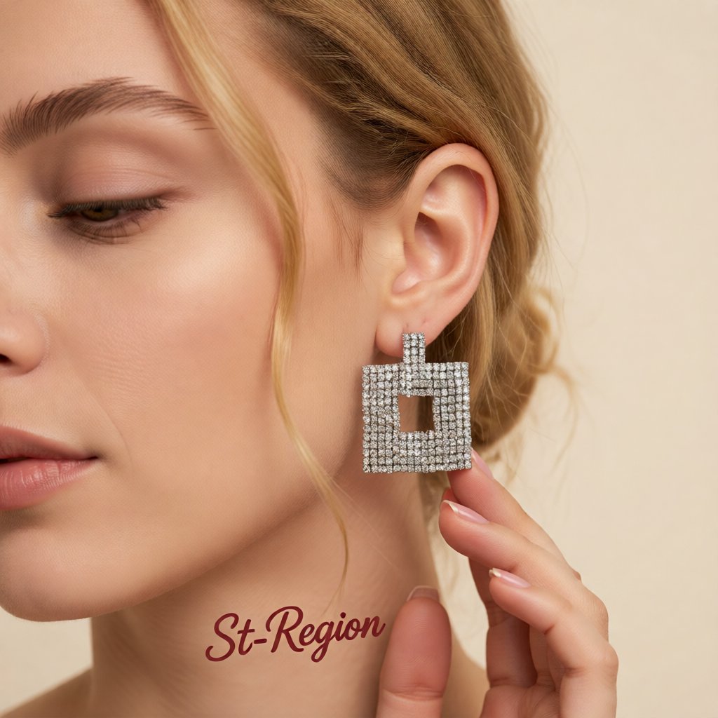 Cubic Zirconia and Silver-Plated Open Square Drop Earrings, silver drop earrings for women, everyday style, styled look