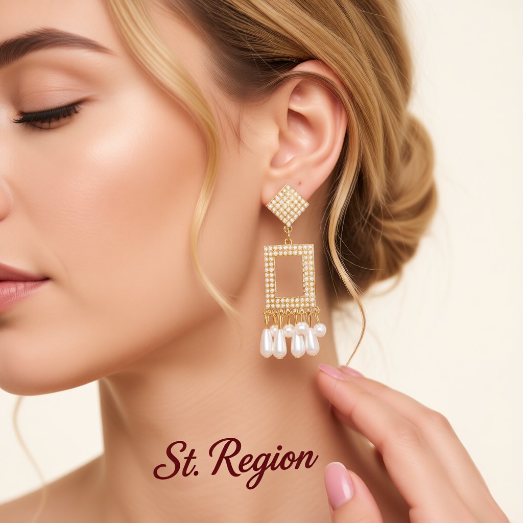 Pearl and 18K Gold-Plated Rhombus Rectangle Tassel Drop Earrings, gold drop earrings for women, everyday style, styled look